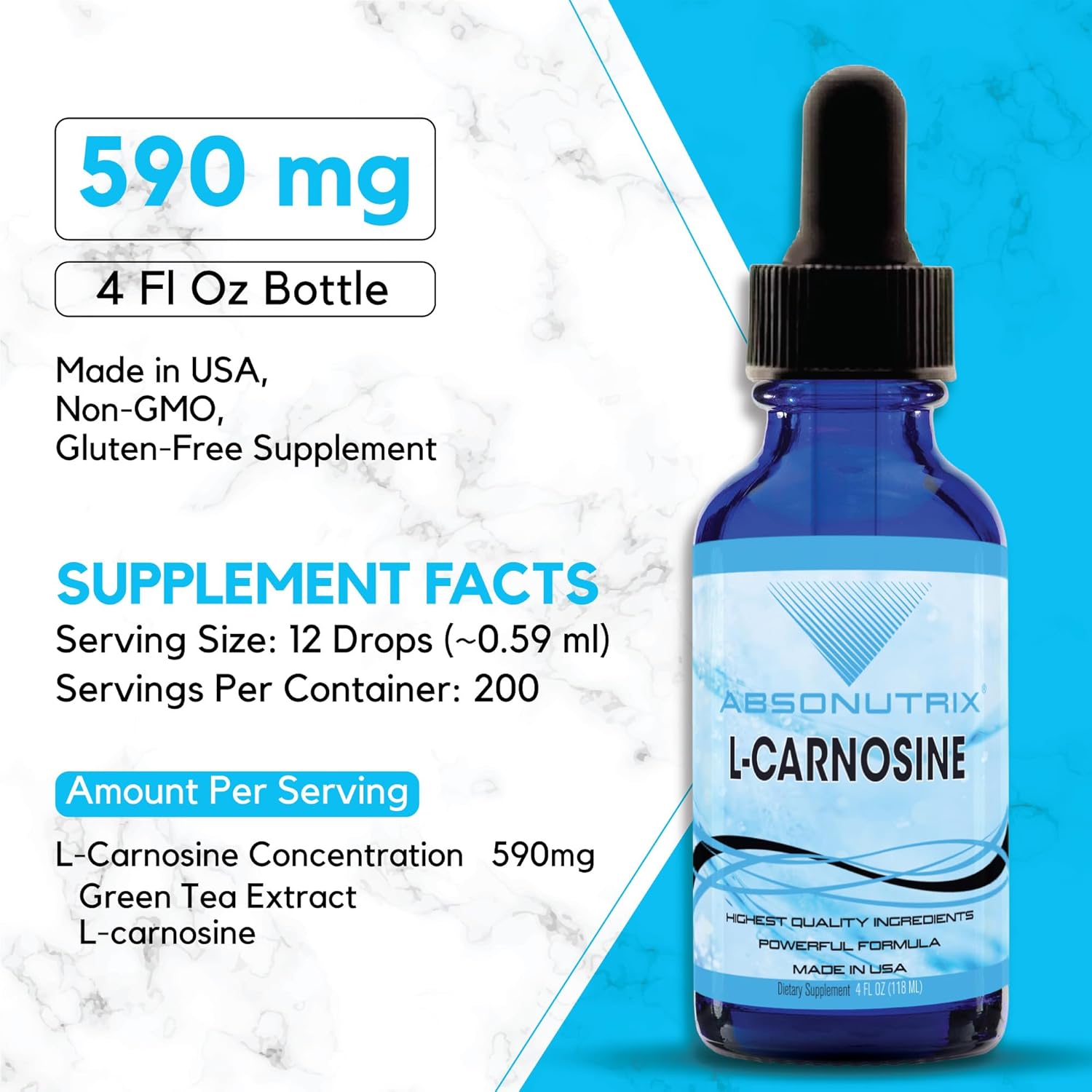 Highly Potent Absonutrix L-Carnosine Drops - 583mg, 200 Servings, Easy-to-Consume, Bioavailable, Third-Party Tested, GMP-Certified, Non-GMO, Cruelty-Free, Made in USA
