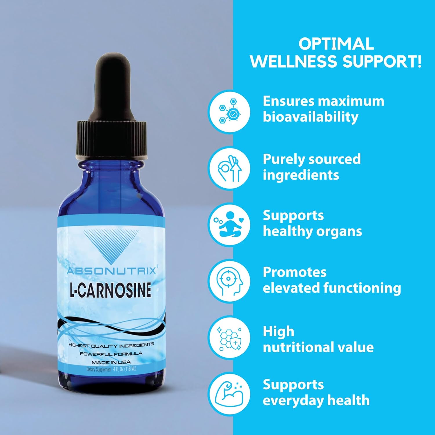 Highly Potent Absonutrix L-Carnosine Drops - 583mg, 200 Servings, Easy-to-Consume, Bioavailable, Third-Party Tested, GMP-Certified, Non-GMO, Cruelty-Free, Made in USA