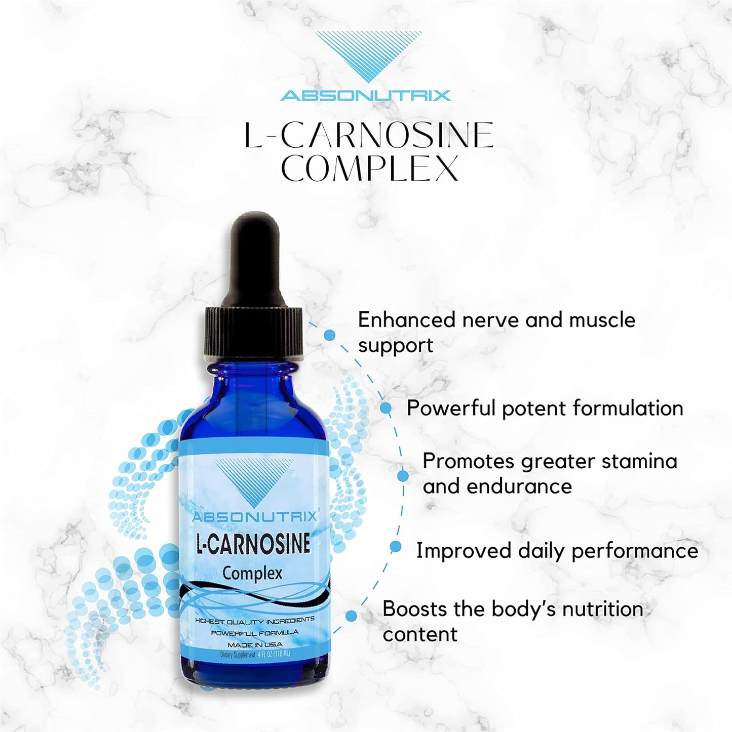 Highly Potent Absonutrix L-Carnosine Drops - 583mg, 200 Servings, Easy-to-Consume, Bioavailable, Third-Party Tested, GMP-Certified, Non-GMO, Cruelty-Free, Made in USA