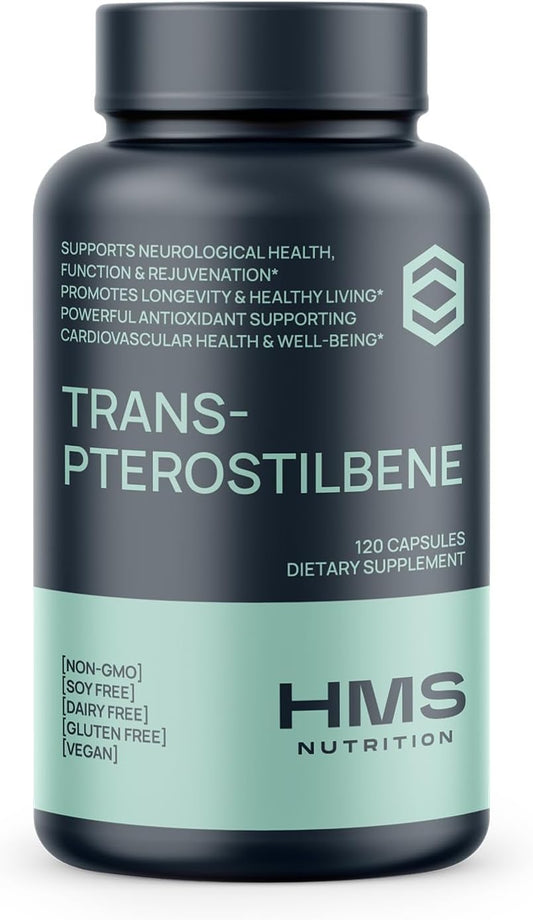 Highly Potent Trans-Pterostilbene Antioxidant Supplement - 200mg, 120 Vegan Capsules - HMS Nutrition - Gluten, Soy & Dairy Free
