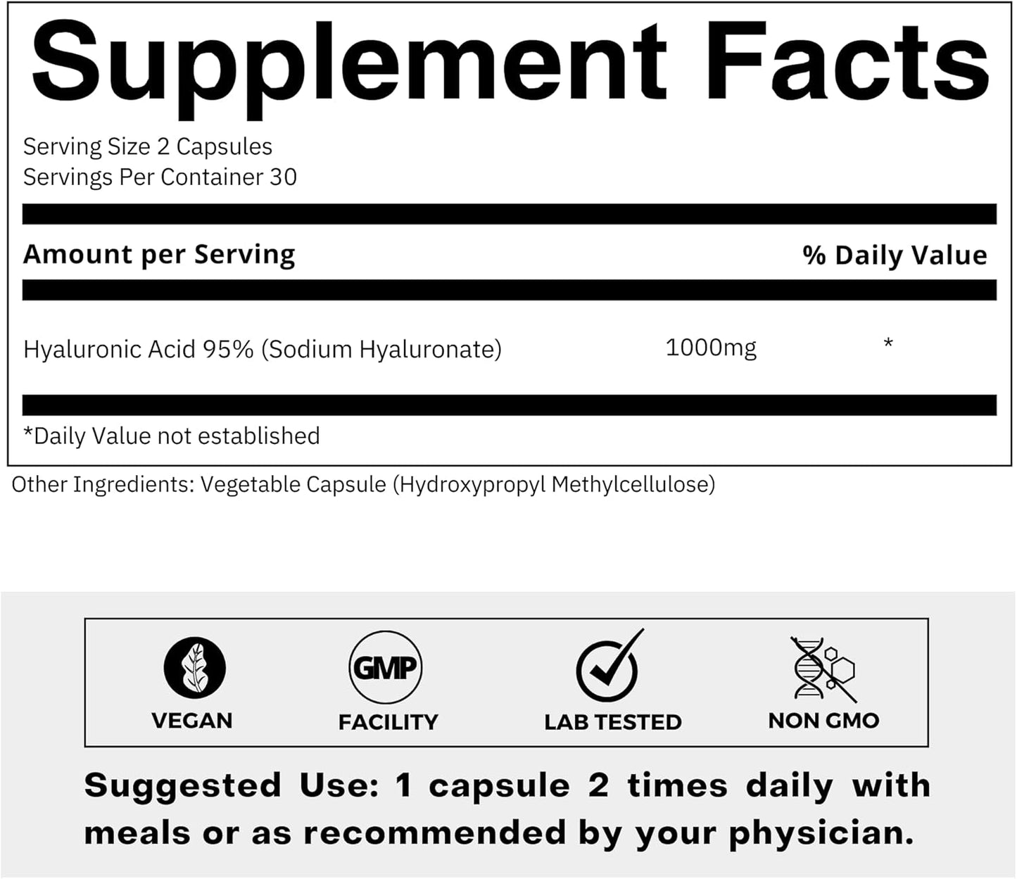 Highly Purified 500mg Hyaluronic Acid Capsules - 95% Sodium Hyaluronate - Bioavailable & Non-GMO - 60 Capsules