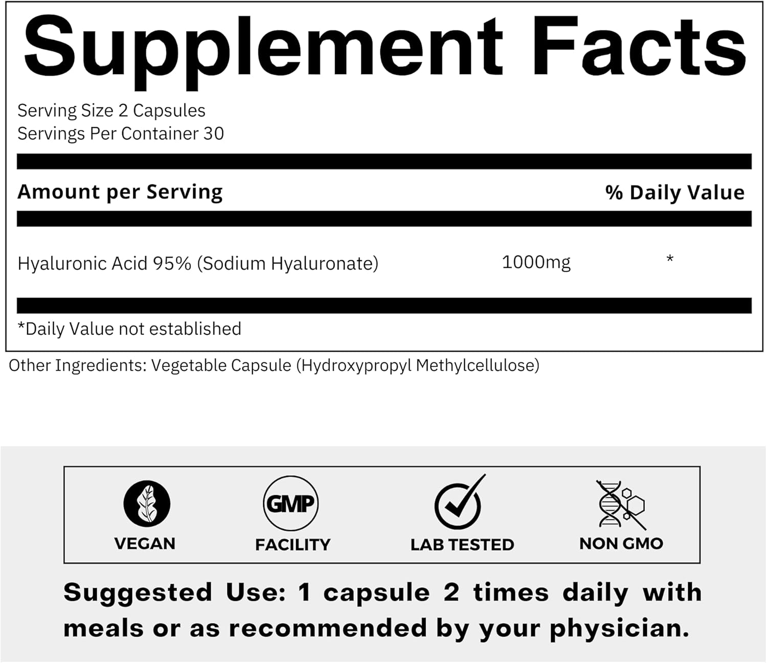 Highly Purified 500mg Hyaluronic Acid Capsules - 95% Sodium Hyaluronate - Bioavailable & Non-GMO - 60 Capsules