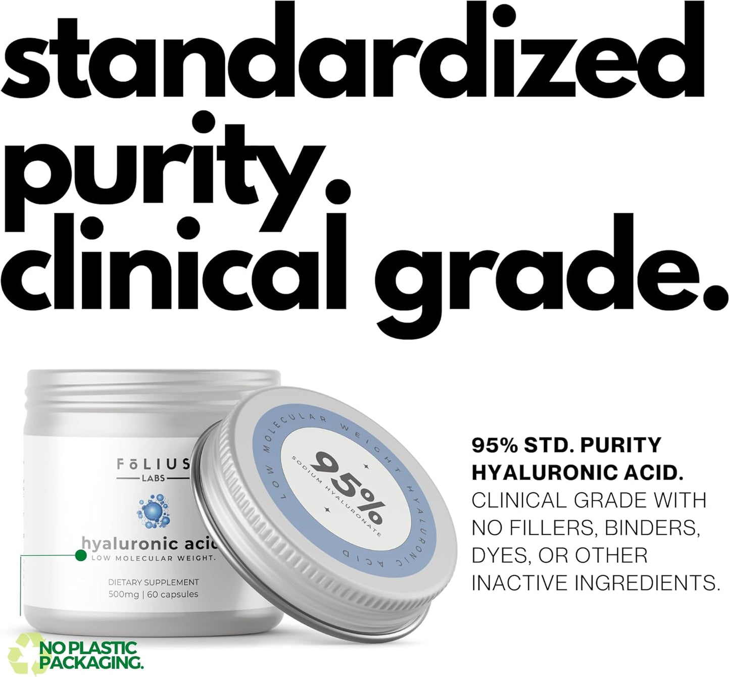Highly Purified 500mg Hyaluronic Acid Capsules - 95% Sodium Hyaluronate - Bioavailable & Non-GMO - 60 Capsules