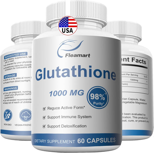Highly Purified 98%+ Glutathione Supplement for Skin Care & Detox - 1000mg Immune & Liver Support - Made in USA - 2 Packs