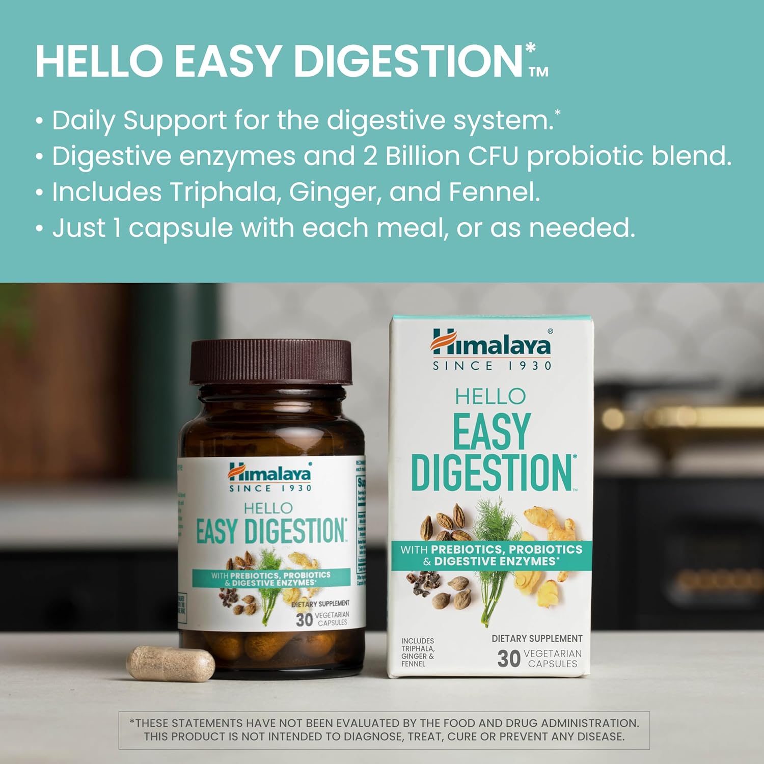 Himalaya Hello Easy Digestion Capsules with Probiotics, Prebiotics, and Herbal Support - 30 Vegetarian Capsules