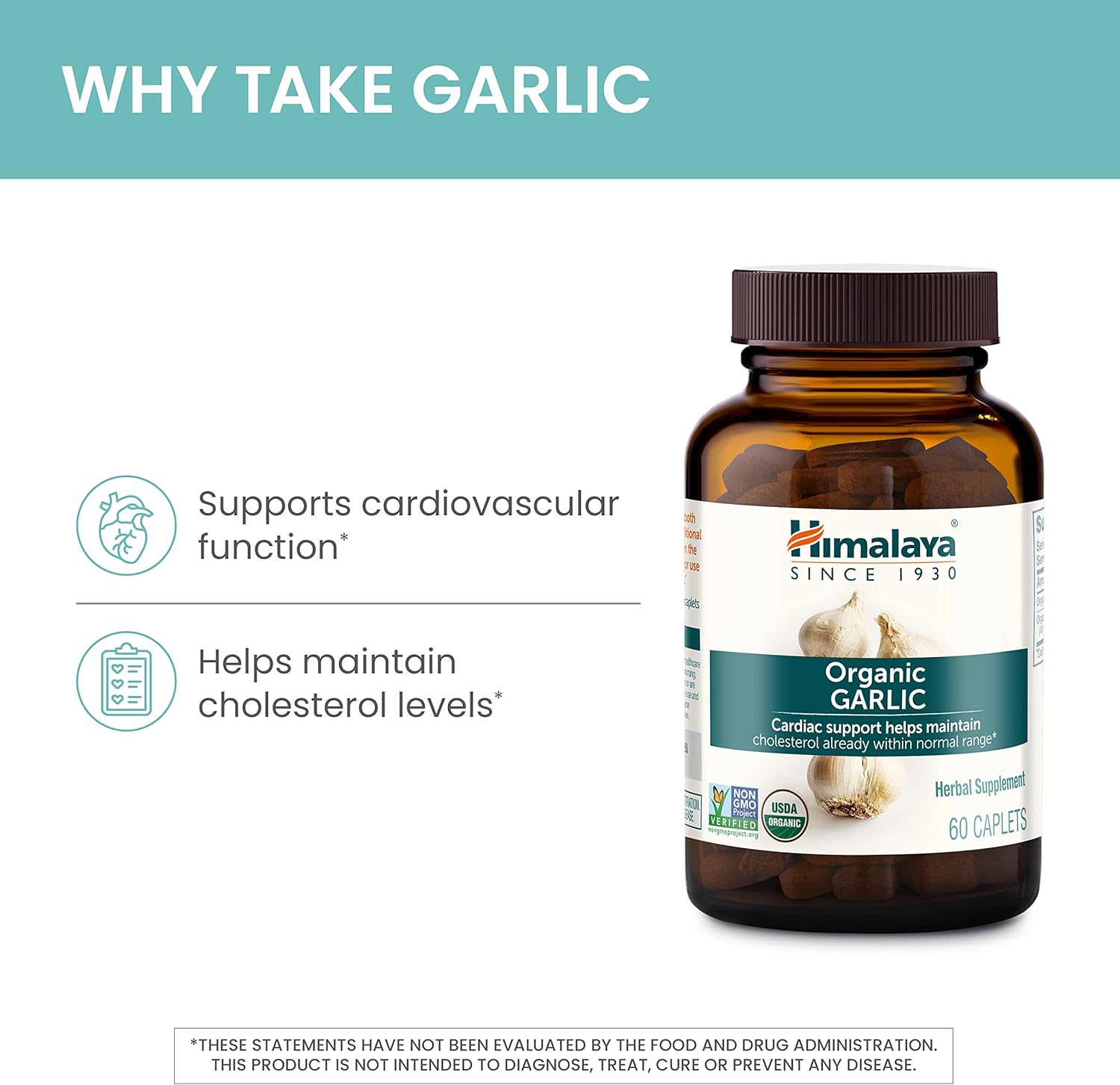 Himalaya Organic Garlic Caplets, 1,400 mg - 60 Count (Pack of 2) for Lipid Metabolism and Immune Support, 1 Month Supply