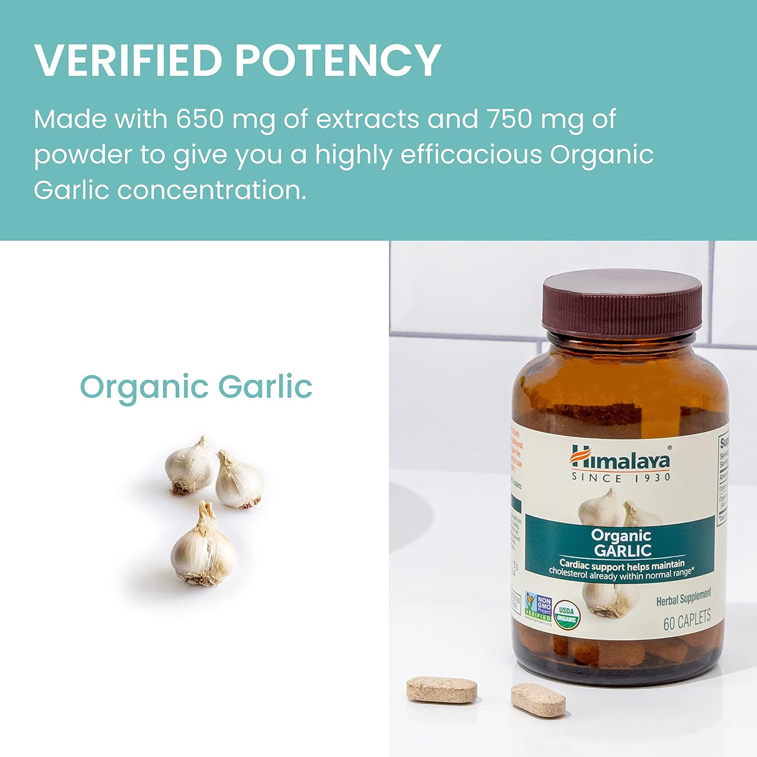 Himalaya Organic Garlic Caplets, 1,400 mg - 60 Count (Pack of 2) for Lipid Metabolism and Immune Support, 1 Month Supply