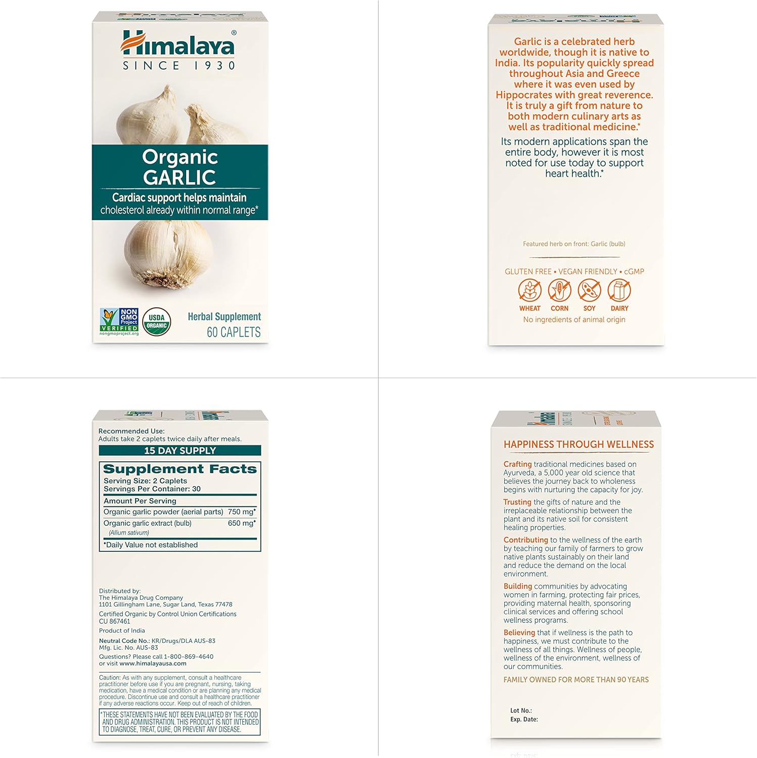 Himalaya Organic Garlic Caplets, 1,400 mg - 60 Count (Pack of 2) for Lipid Metabolism and Immune Support, 1 Month Supply