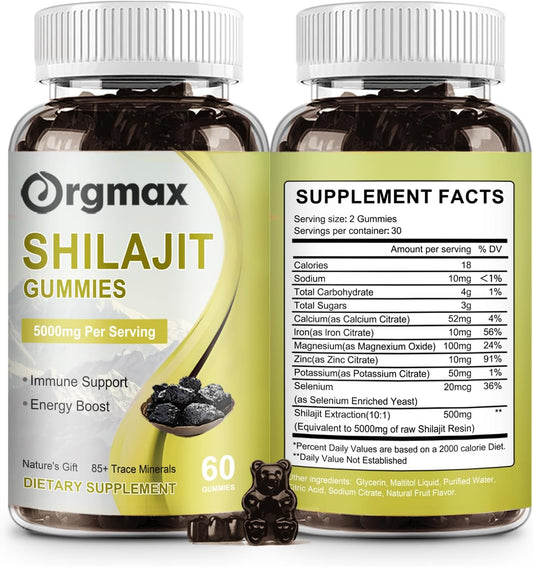 Himalayan Organic Shilajit Gummies 5000MG Supplement with 85+ Trace Minerals for Energy & Immune Support - 120 Count