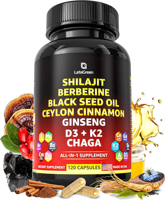 Himalayan Shilajit Capsules with Black Seed Oil, Berberine, Cinnamon, Ginseng, and Chaga - 10,000mg (120 Count) - All-in-One Fulvic Acid Supplement for Men & Women