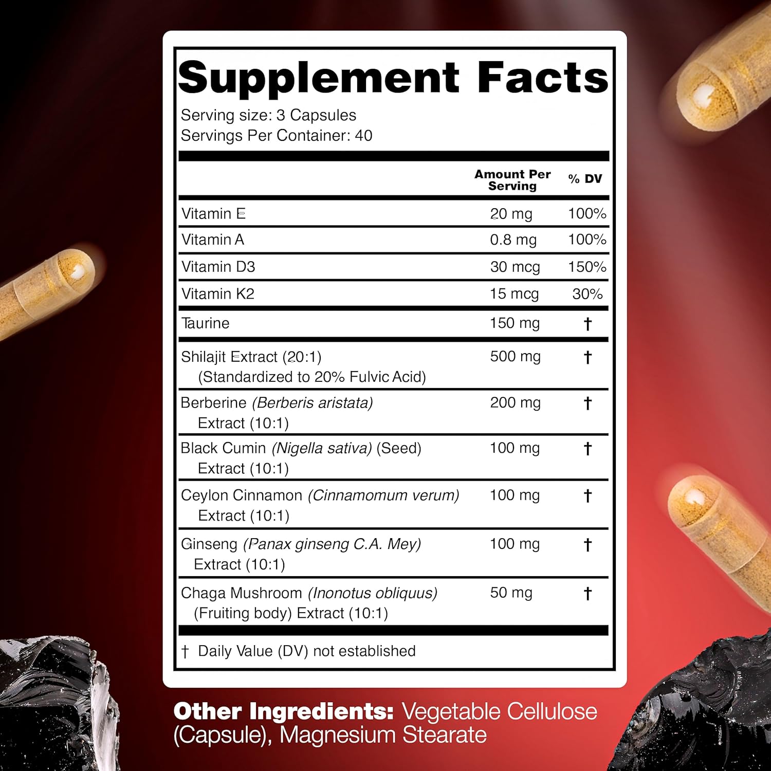 Himalayan Shilajit Capsules with Black Seed Oil, Berberine, Cinnamon, Ginseng, and Chaga - 10,000mg (120 Count) - All-in-One Fulvic Acid Supplement for Men & Women