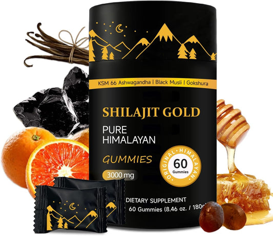 Himalayan Shilajit Gummies with Ashwagandha and Gokshura - Non-GMO, Lab Tested, 85+ Trace Minerals - 60 Gummies