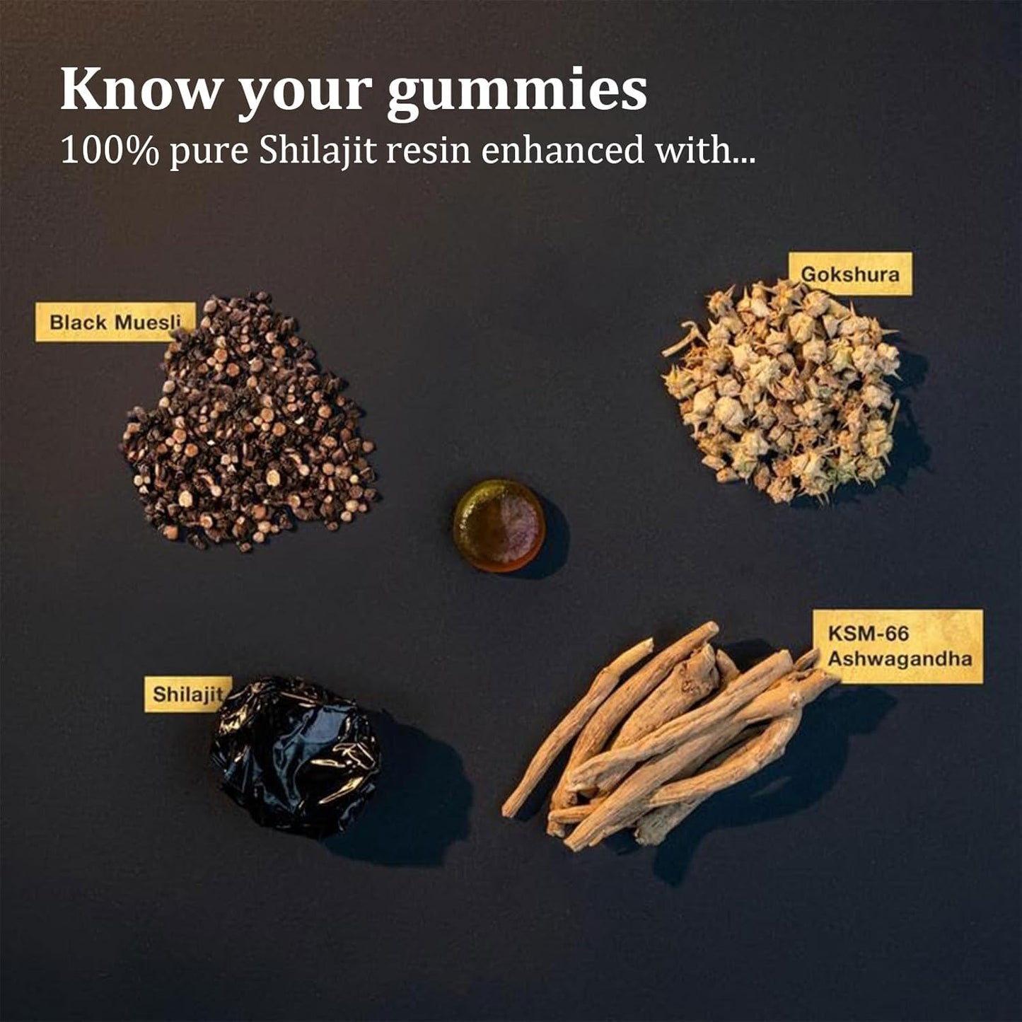 Himalayan Shilajit Gummies with Ashwagandha & Gokshura | Lab Tested | Non-GMO | 85+ Trace Minerals | No Added Sugar | 60 Gummies