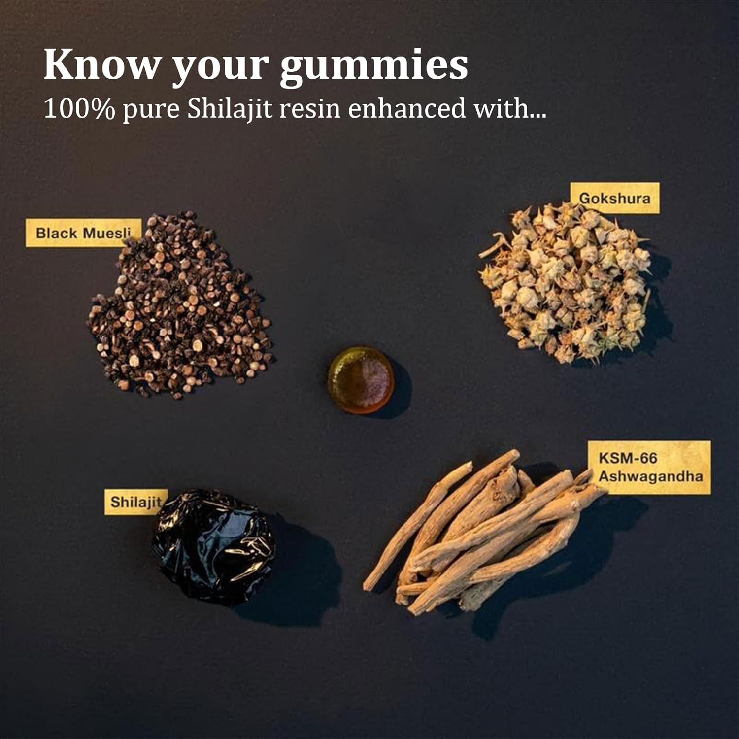 Himalayan Shilajit Gummies with Ashwagandha & Gokshura | Lab Tested | Non-GMO | 85+ Trace Minerals | No Added Sugar | 60 Gummies