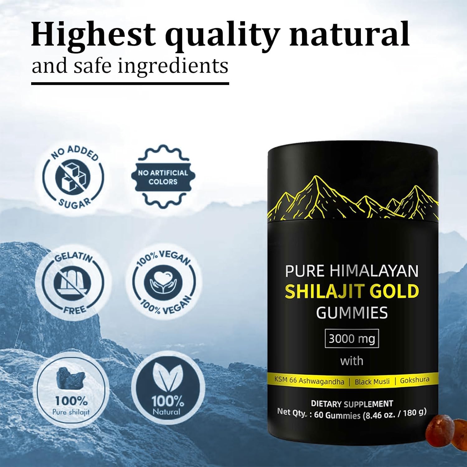 Himalayan Shilajit Gummies with Ashwagandha & Gokshura | Lab Tested | Non-GMO | 85+ Trace Minerals | No Added Sugar | 60 Gummies