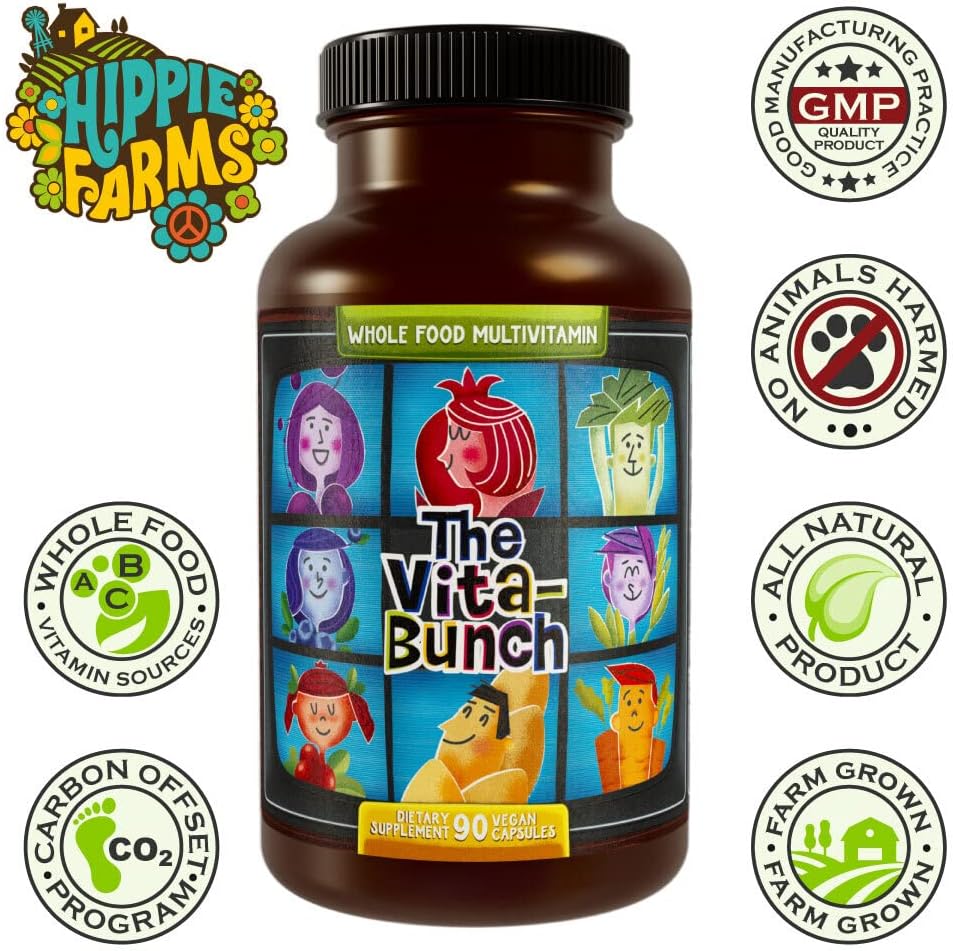 Hippie Farms Whole Food Multivitamin: All-in-One Vegan Capsules for Daily Nutrition - Iron, Zinc, B12, Vitamin A, D3 & More - 90 Capsules