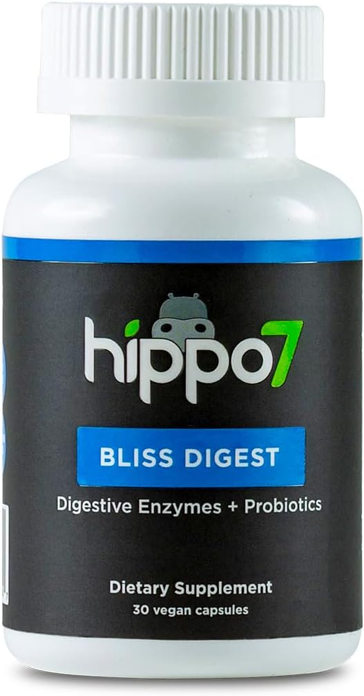 Hippo7 Bliss Digestive Health Supplement - 7-in-1 Probiotics & Enzymes for Gut Health - Women & Men - 30 Vegan Capsules