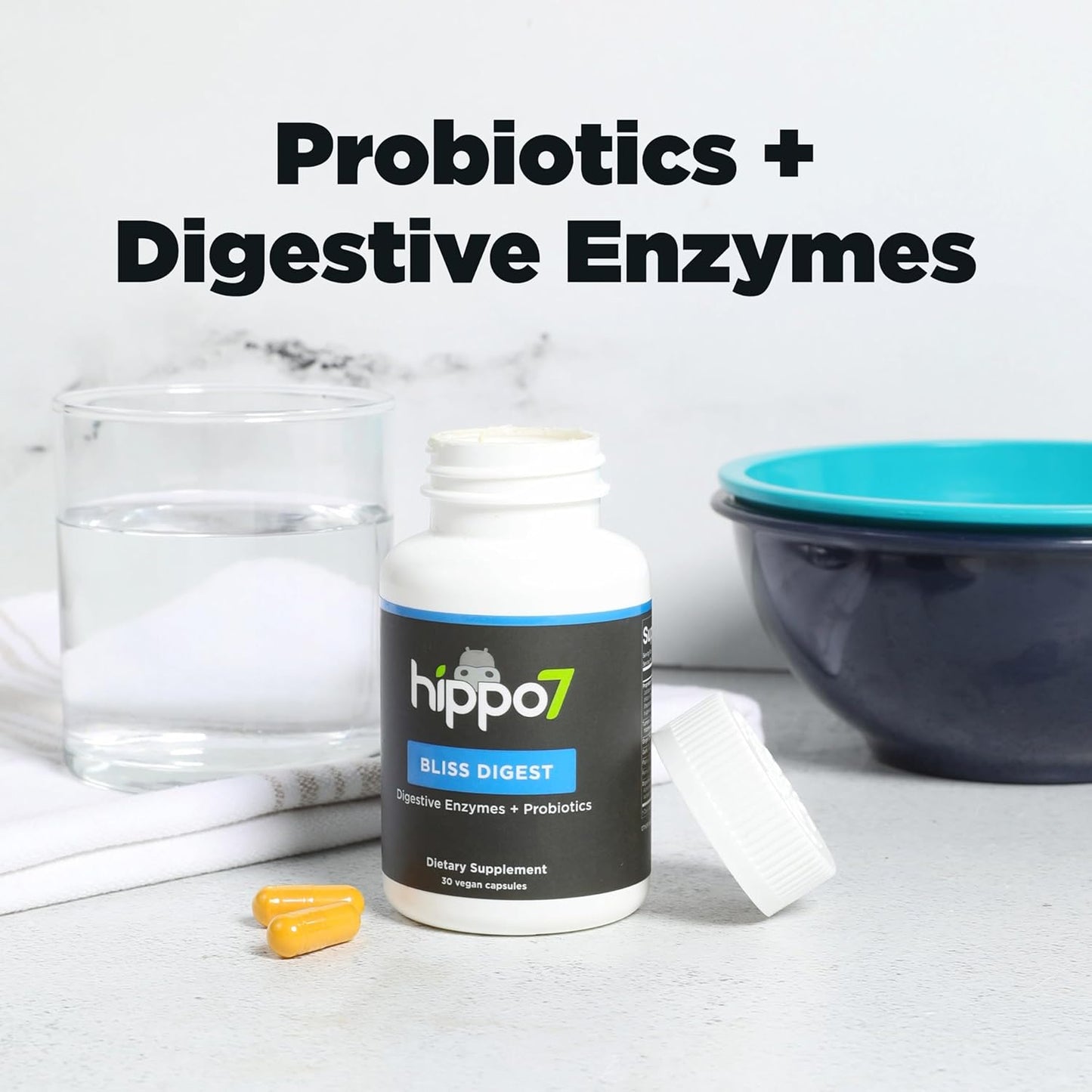Hippo7 Bliss Digestive Health Supplement - 7-in-1 Probiotics & Enzymes for Gut Health - Women & Men - 30 Vegan Capsules