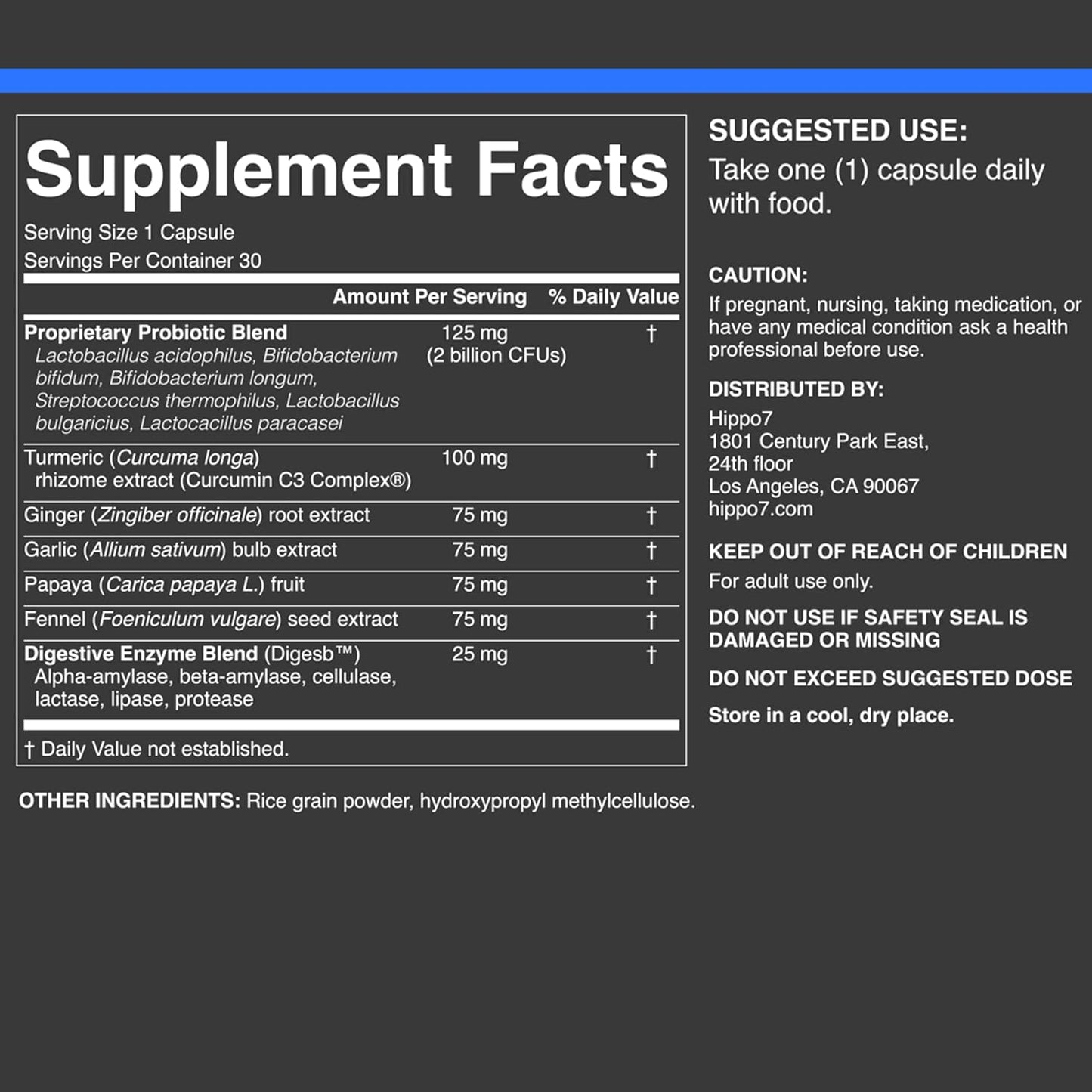 Hippo7 Bliss Digestive Health Supplement - 7-in-1 Probiotics & Enzymes for Gut Health - Women & Men - 30 Vegan Capsules