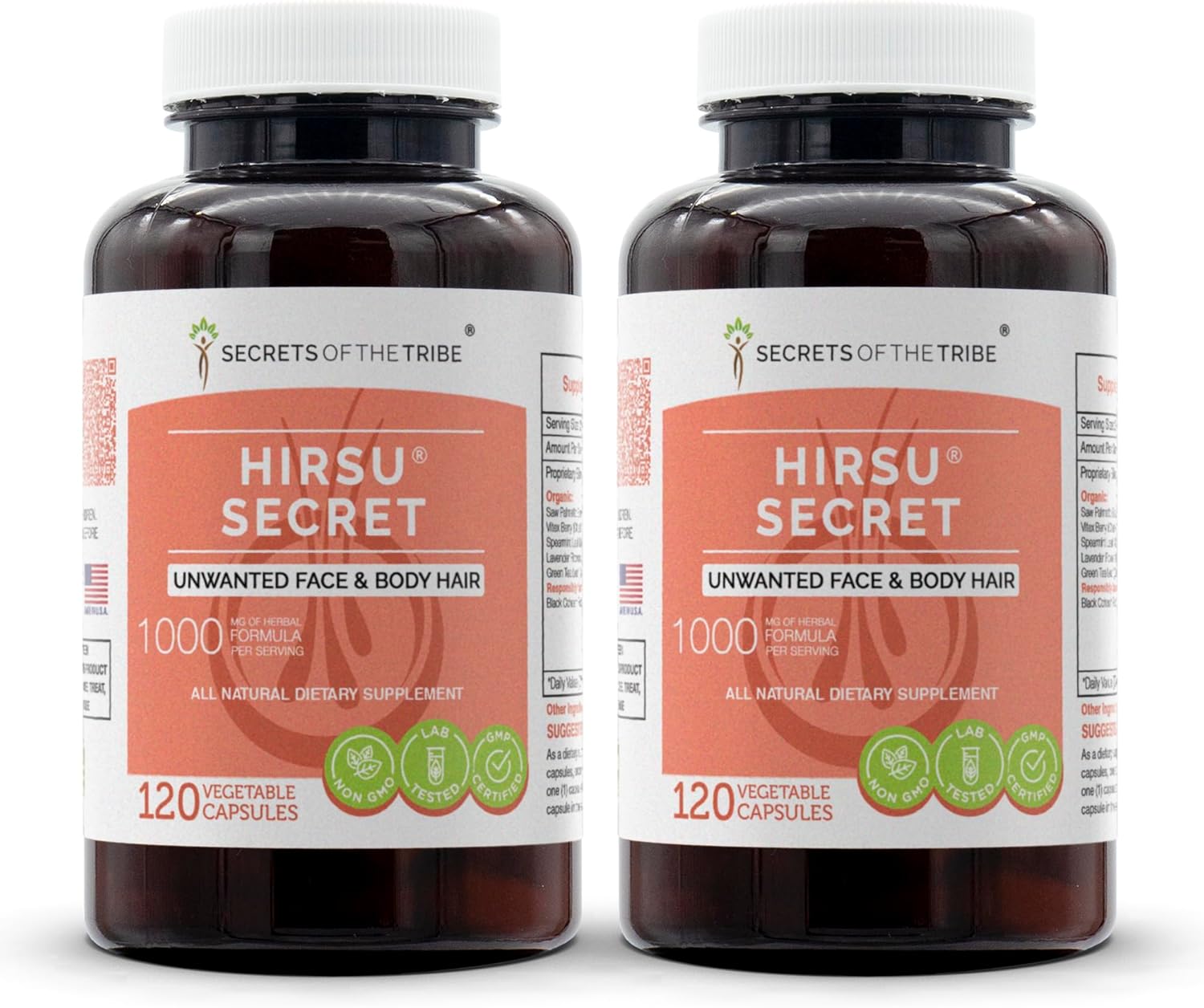 Hirsu Secret Herbal Supplement Blend for Unwanted Face and Body Hair - 2x120 Capsules by Secrets of the Tribe
