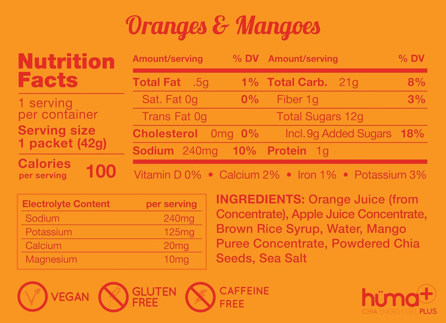 HÜMA CHIA ENERGY GEL Huma Plus - Orange Mango Flavor, 24 Pack, Double Electrolytes, Real Food Energy Gels