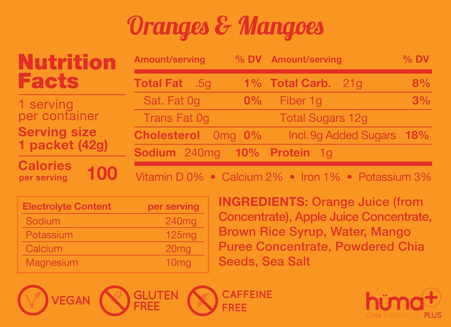 HÜMA CHIA ENERGY GEL Huma Plus - Orange Mango Flavor, 24 Pack, Double Electrolytes, Real Food Energy Gels
