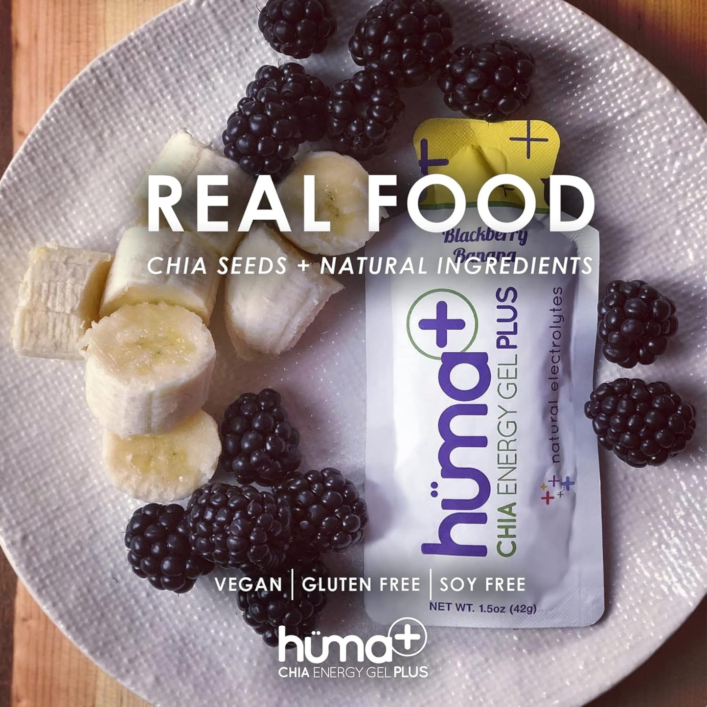 HÜMA Plus Chia Energy Gel - BlackBerry Banana Flavor, 12 Pack - Double Electrolytes, Stomach-Friendly Real Food Energy Gel