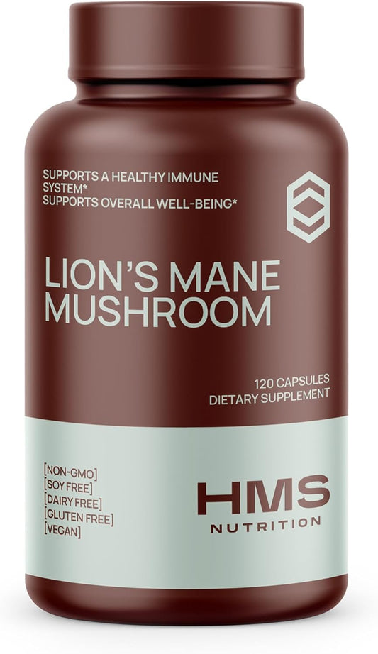 HMS Nutrition Lion's Mane Mushroom 1000mg Capsules - Vegan Non-GMO Supplement (120 Count)