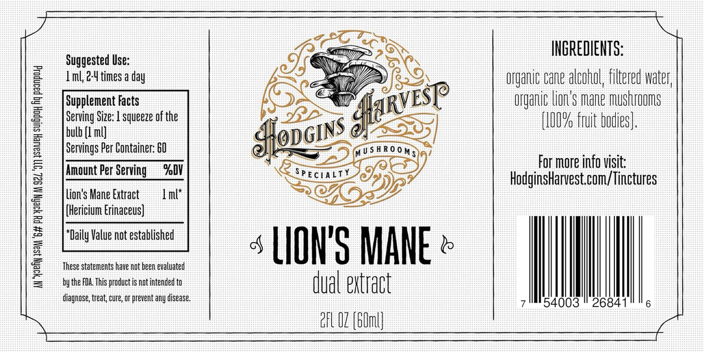 Hodgins Harvest Lion's Mane Tincture | Organic Dual Extract from USA Farm-Grown Mushrooms | Extra-Concentrated 2 fl oz Bottle
