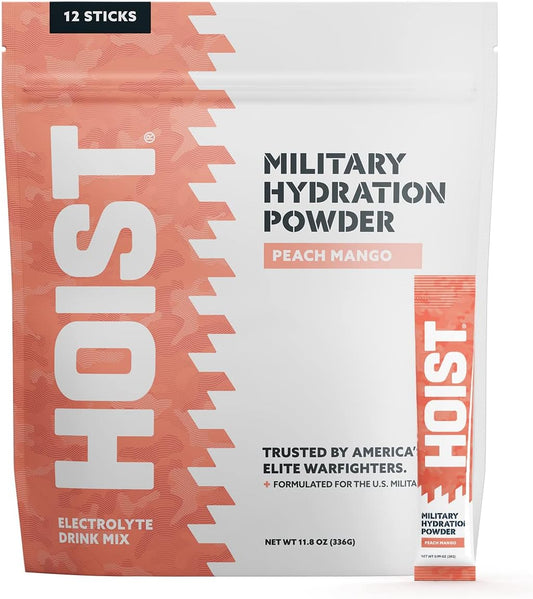 HOIST Premium Military Hydration Powder - Peach Mango Electrolyte Drink Mix Sticks (12 Pack)