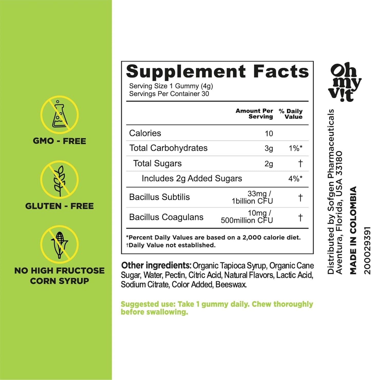 Hola Probiotics Gummy: Peach Flavor Daily Supplement for Women and Men, 30 Count, 1.5 Billion CFUs