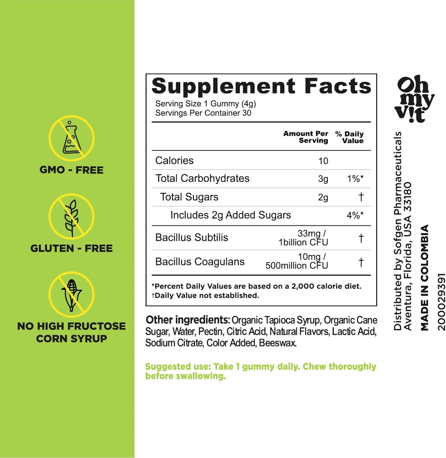 Hola Probiotics Gummy: Peach Flavor Daily Supplement for Women and Men, 30 Count, 1.5 Billion CFUs