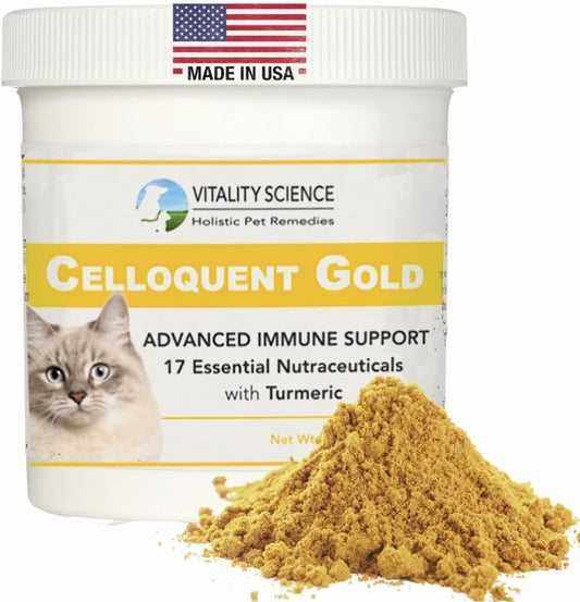 Holistic Advanced Immune Support Supplement for Cats with 17 Synergistic Ingredients | Vitality Science Celloquent Gold | Auto Immune, Vomit, Diarrhea, Depression Relief (220g)