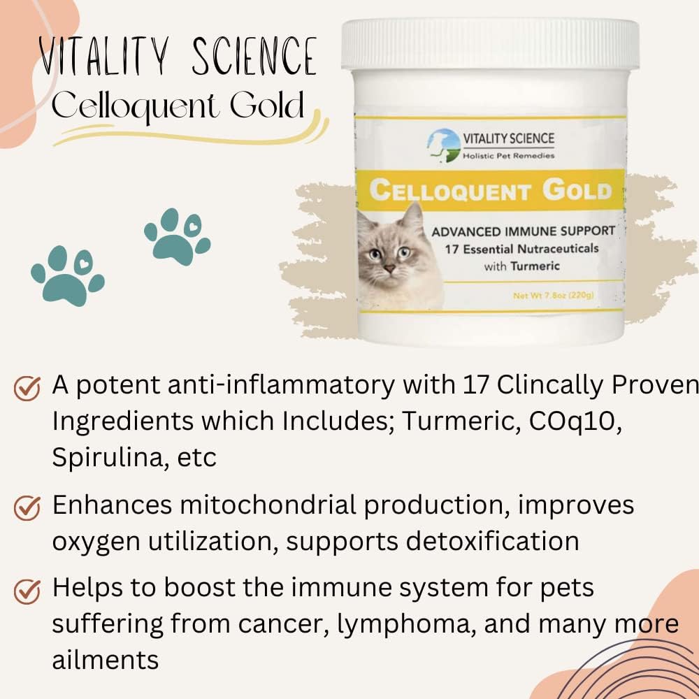 Holistic Advanced Immune Support Supplement for Cats with 17 Synergistic Ingredients | Vitality Science Celloquent Gold | Auto Immune, Vomit, Diarrhea, Depression Relief (220g)