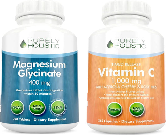Holistic Magnesium Glycinate & Vitamin C Bundle - 400mg & 1000mg - Vegan - 270 Tablets & 365 Capsules - with Rosehip & Acerola Cherry Bioflavonoid