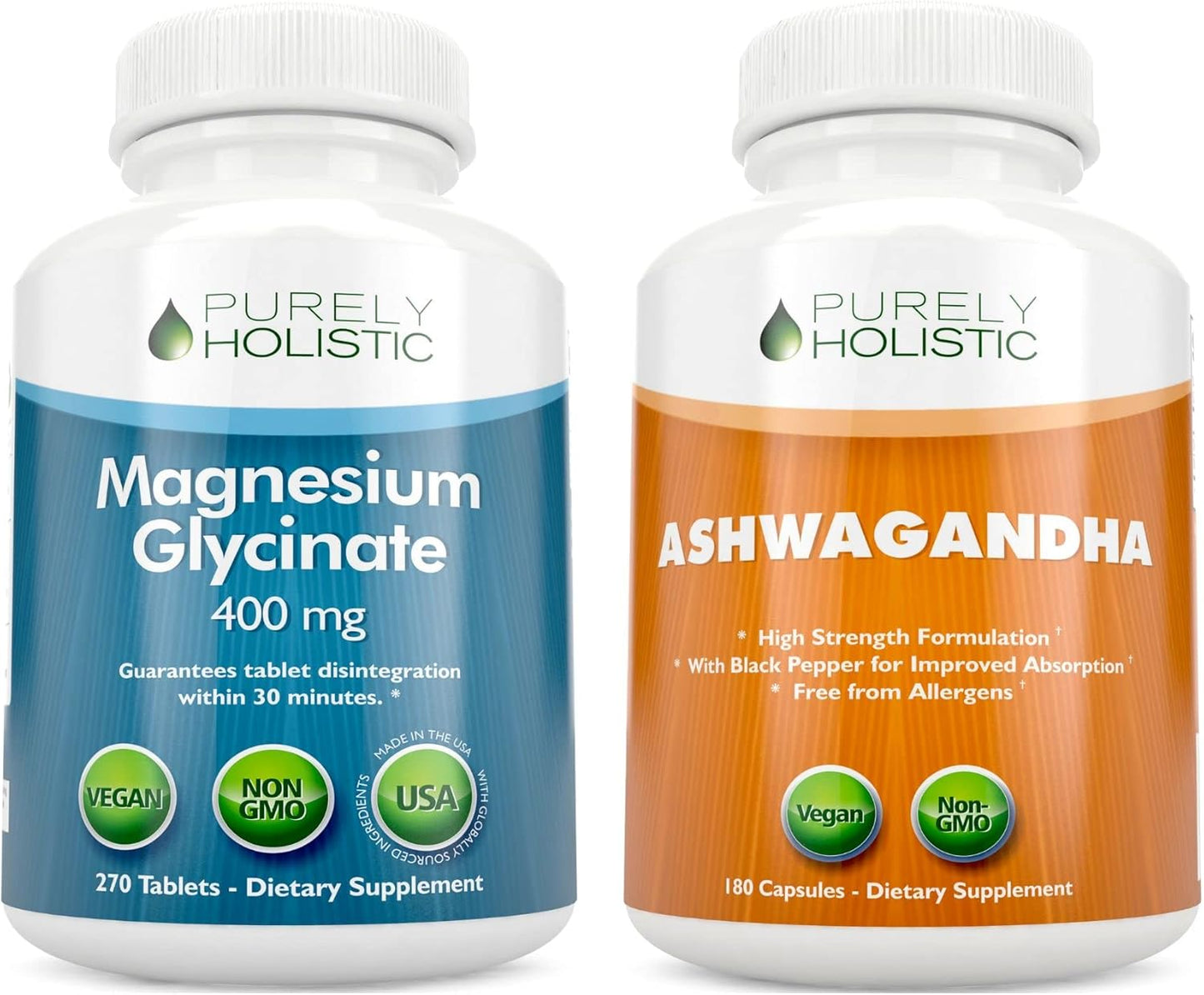 Holistic Vegan Magnesium Glycinate & Ashwagandha Bundle - 270 Tablets & 180 Capsules - Made in USA