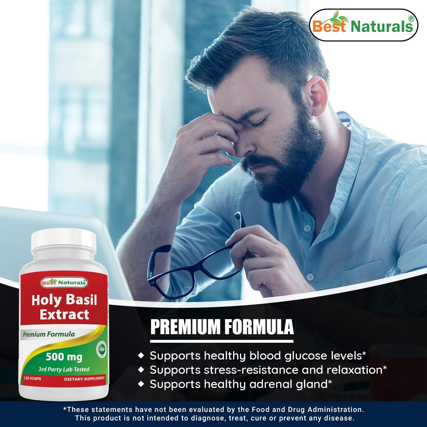 Holy Basil Extract 500mg - 240 Vegetarian Capsules - Natural Stress Relief Supplement for Calm & Focus