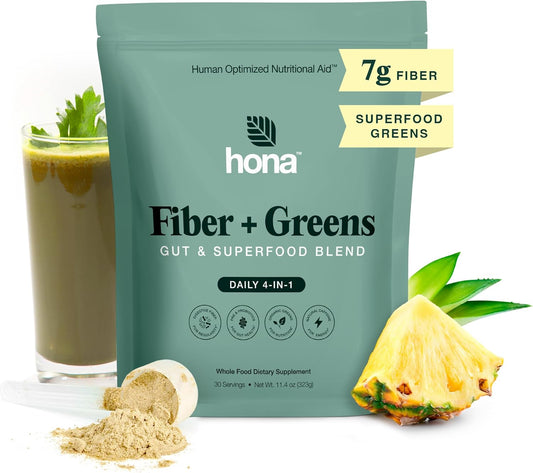 Hona Fiber + Greens Gut Support Superfood Powder, Organic Blend with Prebiotics, Probiotics, Fiber & Natural Caffeine, Gluten Free, Sugar Free, Dairy Free, Vegan, Non GMO - 30 Servings