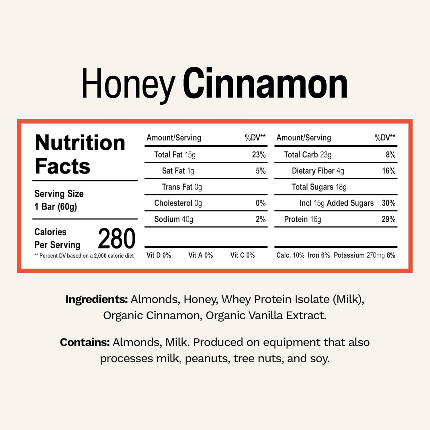 Honey Cinnamon Rise Whey Protein Bars - 18g Protein, 4g Fiber, Gluten-Free, Soy-Free, 5 Whole Food Ingredients
