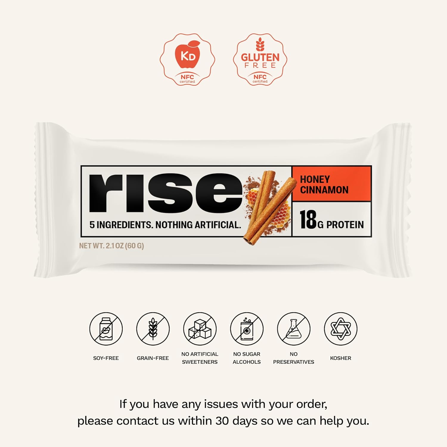 Honey Cinnamon Rise Whey Protein Bars - 18g Protein, 4g Fiber, Gluten-Free, Soy-Free, 5 Whole Food Ingredients