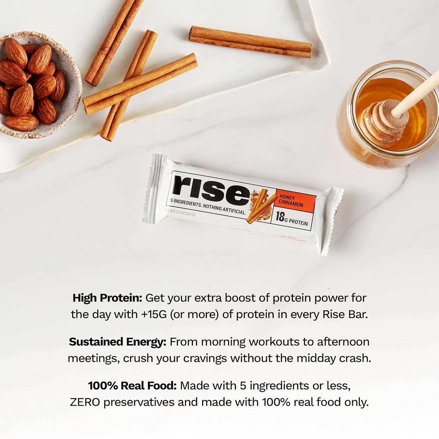 Honey Cinnamon Rise Whey Protein Bars - 18g Protein, 4g Fiber, Gluten-Free, Soy-Free, 5 Whole Food Ingredients