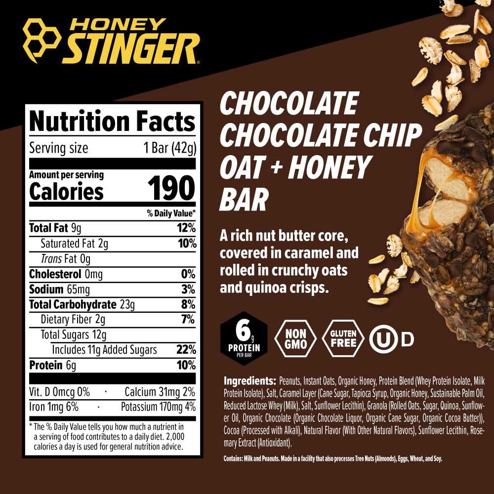 Honey Stinger Chocolate Chocolate Chip Energy Bar Box of 12 | Sports Nutrition Snack for Exercise and Performance | Gluten-Free Pre-Workout Protein Bar