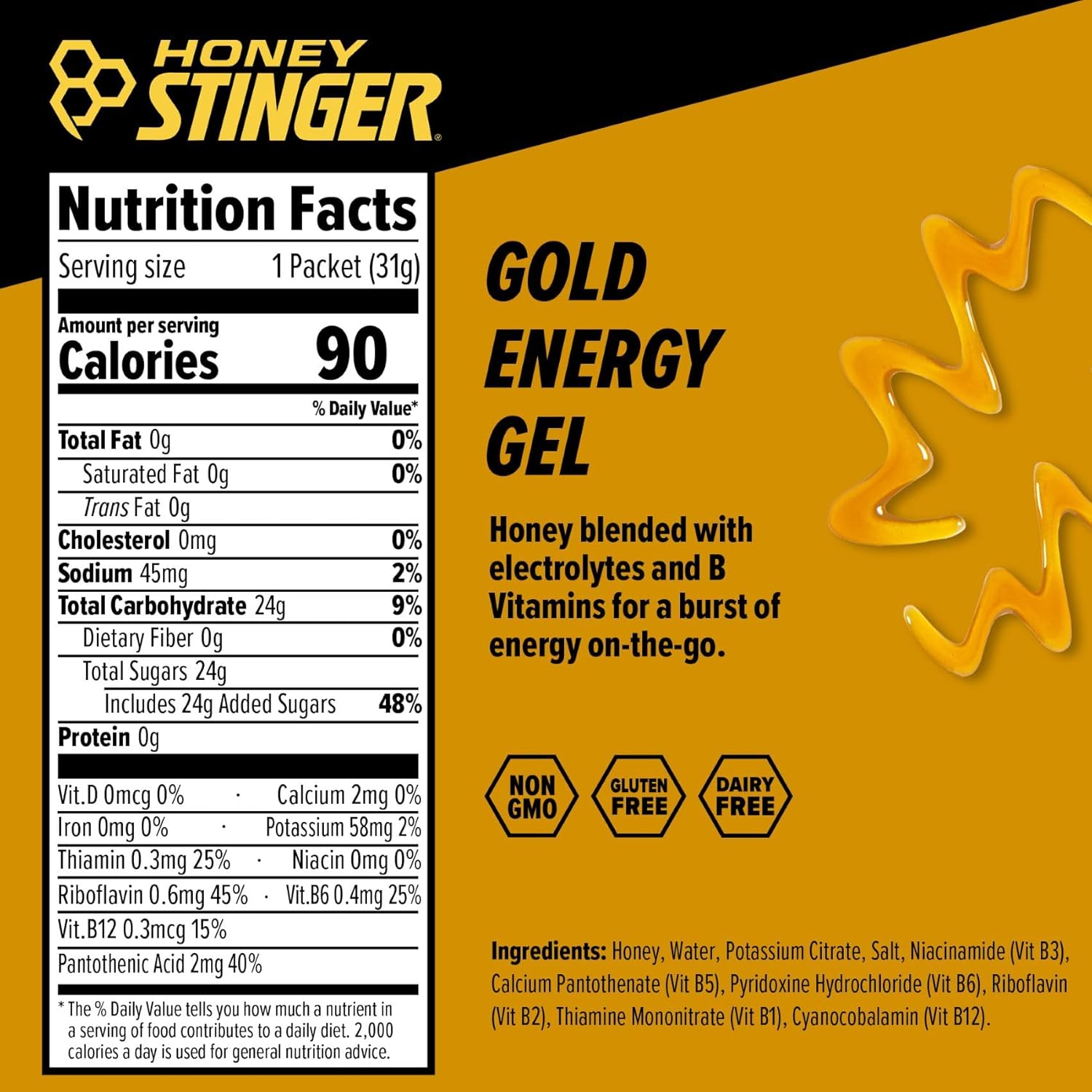 Honey Stinger Gold Energy Gel 24 Pack for Exercise & Running, Gluten & Caffeine Free, Sports Nutrition for Home & Gym - 26.4 Ounce