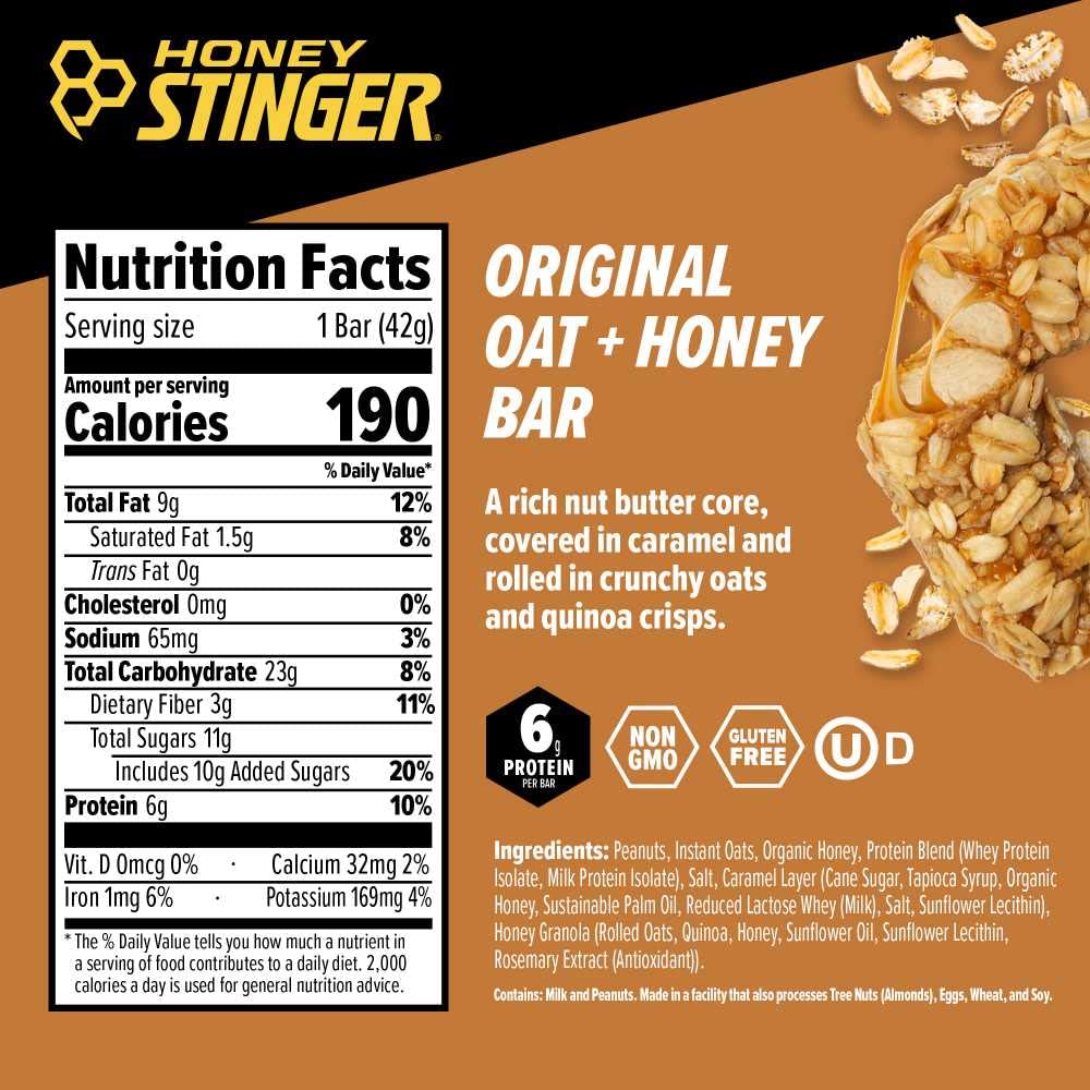 Honey Stinger Oat + Honey Bar | Original | Energy-Packed Sports Nutrition Snack Bar | Pre-Workout Fuel | Protein, Gluten-Free | Box of 12