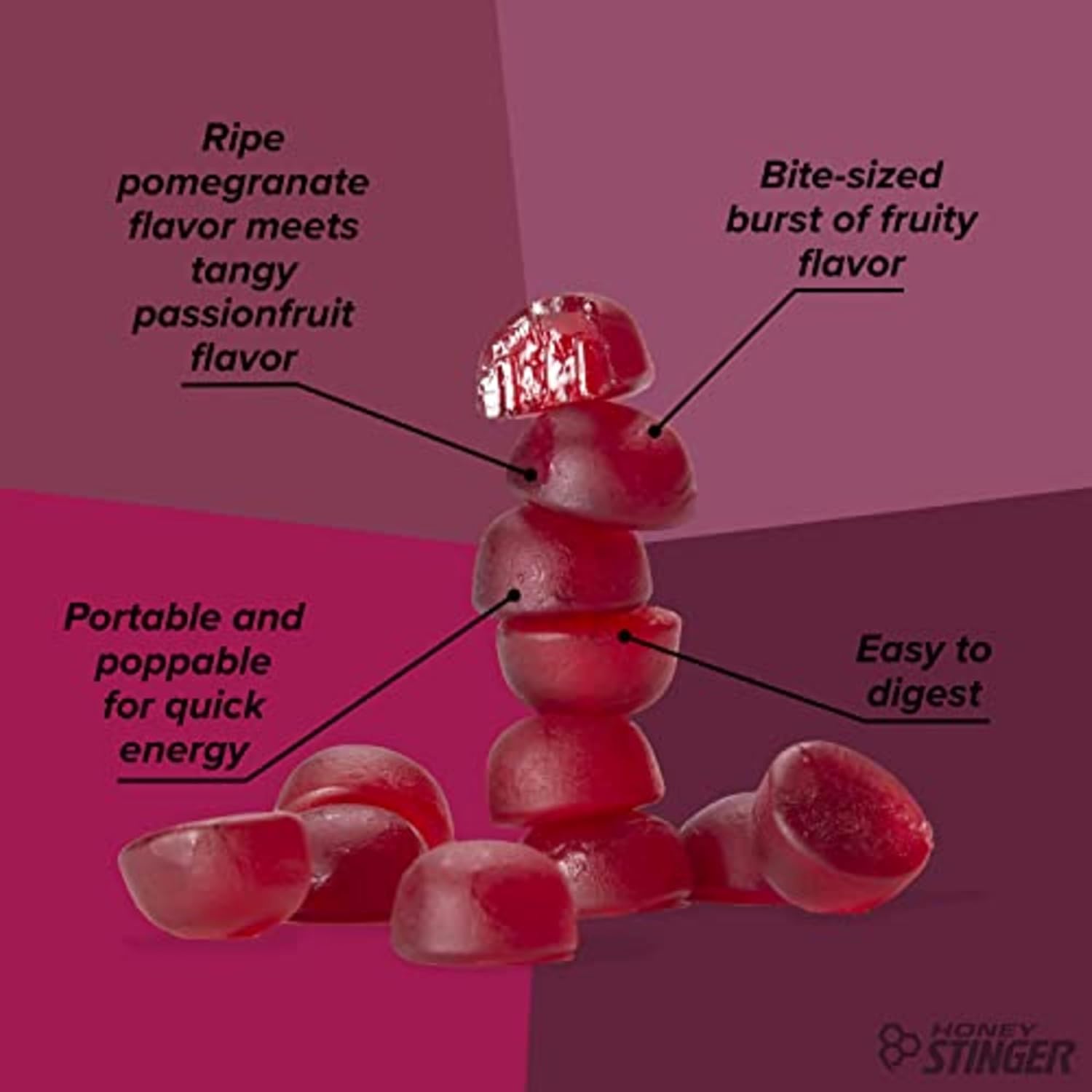 Honey Stinger Organic Pomegranate Passionfruit Energy Chews - Gluten & Caffeine Free for Exercise & Running - 12 Pack