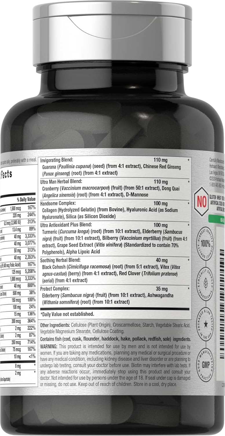 Horbäach Men's 50+ Multivitamin Caplets with Calcium, Magnesium, Vitamins A, B, C, D & E - Non-GMO & Gluten-Free Formula
