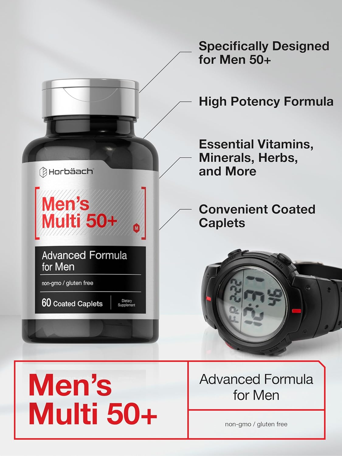 Horbäach Men's 50+ Multivitamin Caplets with Calcium, Magnesium, Vitamins A, B, C, D & E - Non-GMO & Gluten-Free Formula