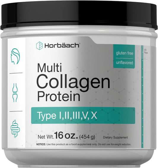 Horbäach Multi Collagen Protein Powder 16 oz - Type I, II, III, V, X - Hydrolyzed Peptide - Keto & Paleo - Unflavored & Gluten-Free
