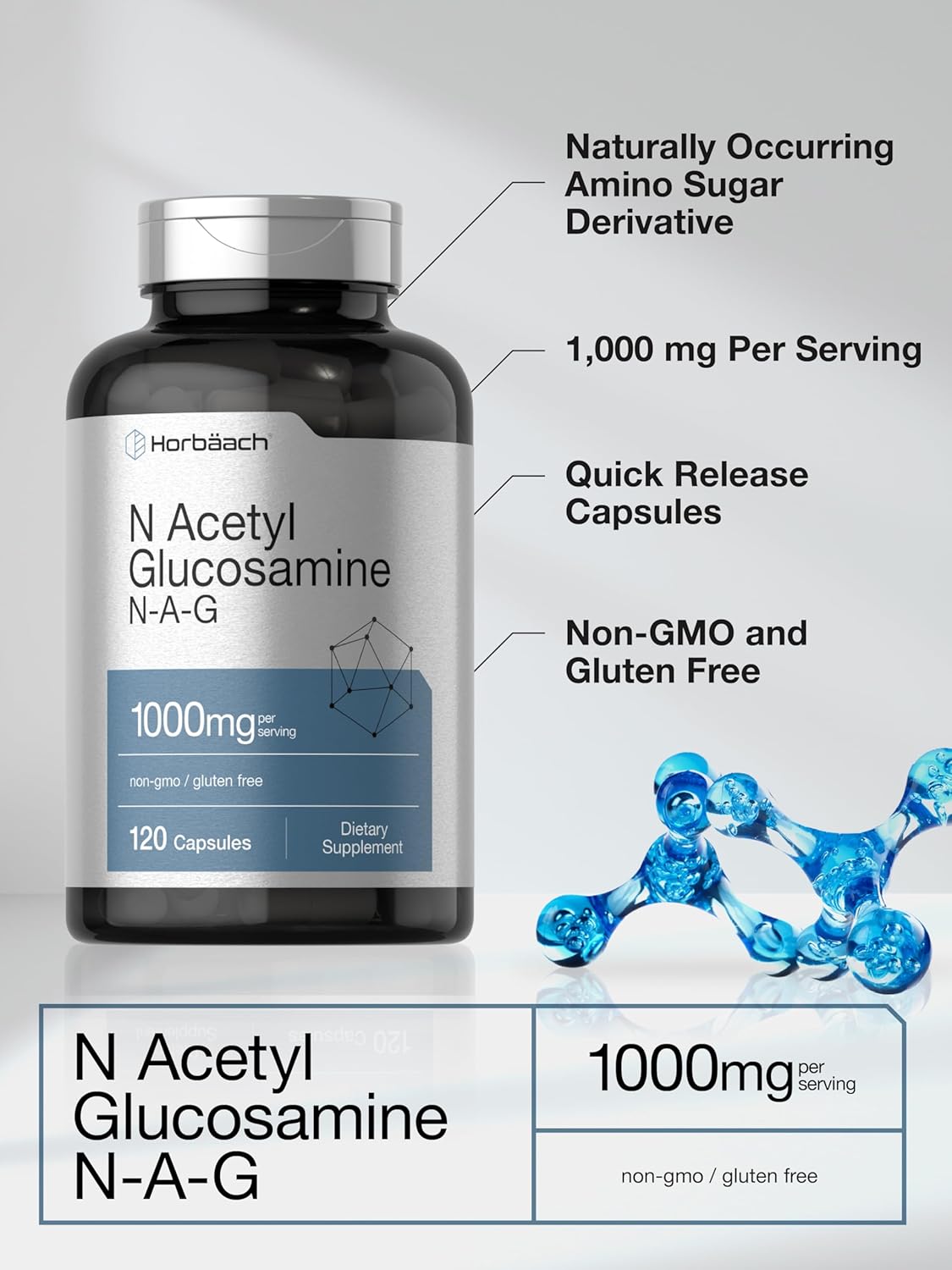 Horbäach N-Acetyl Glucosamine 1000mg Capsules - 120 Count, Non-GMO & Gluten Free Supplement