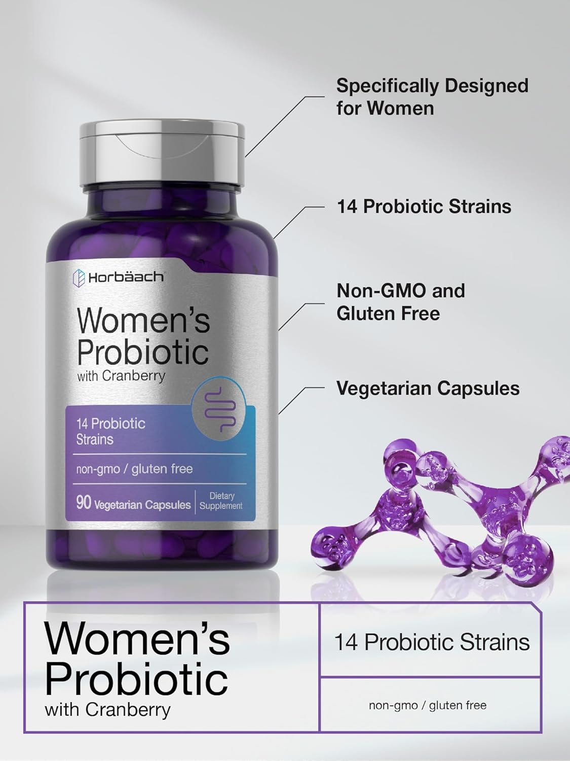 Horbäach Probiotic for Women with Cranberry - 90 Capsules, 14 Strains, Non-GMO, Gluten Free